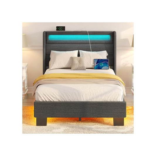 Rolanstar Bed Frame Full Size with LED Lights and Charging Station, Upholstered Bed with Motion Activated Night Light and Wood Slats, Dark Grey